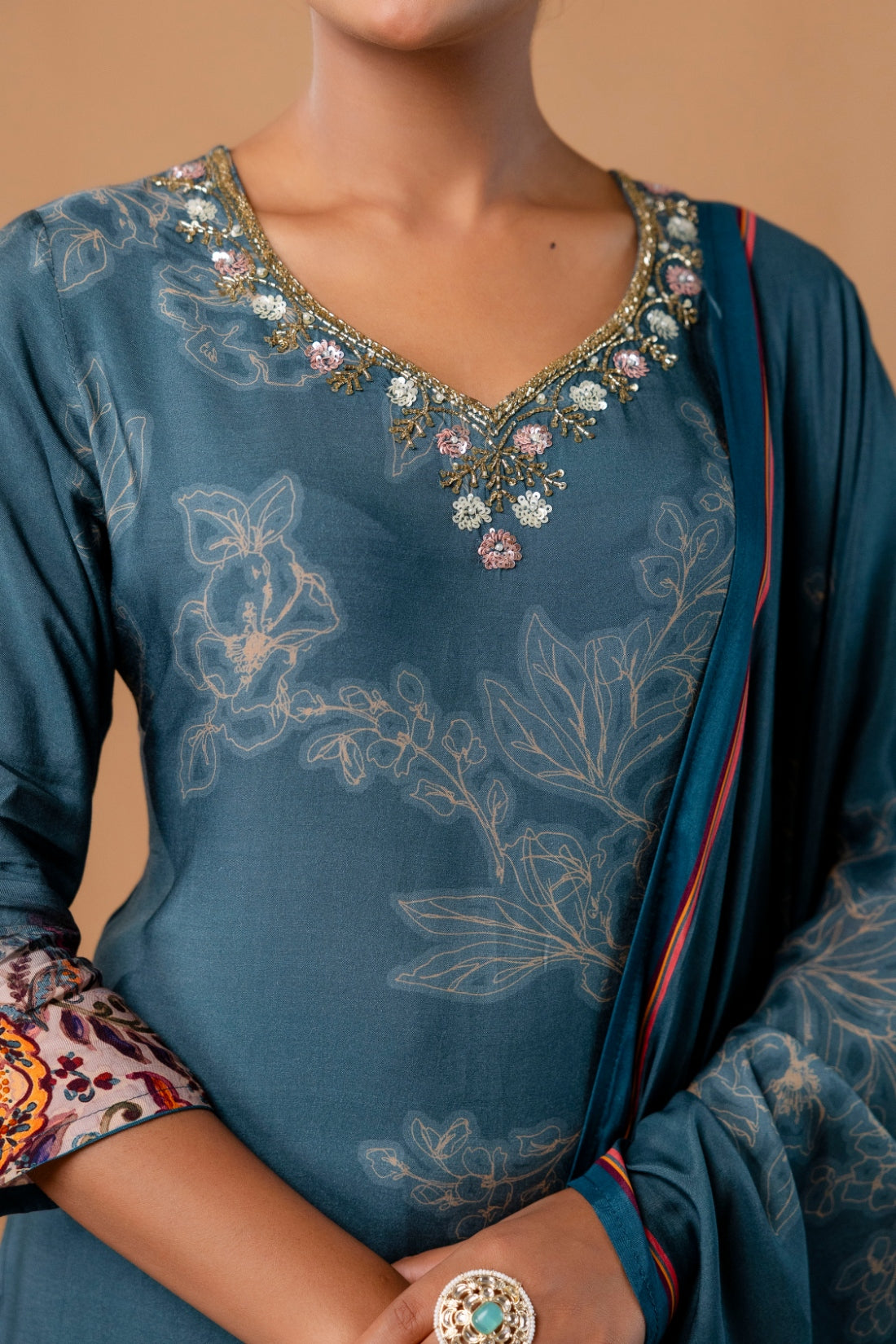 Teal Pearl and Sequin Work Viscose Festive Kurta Set with Trousers and Dupatta