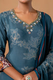 Teal Pearl and Sequin Work Viscose Festive Kurta Set with Trousers and Dupatta