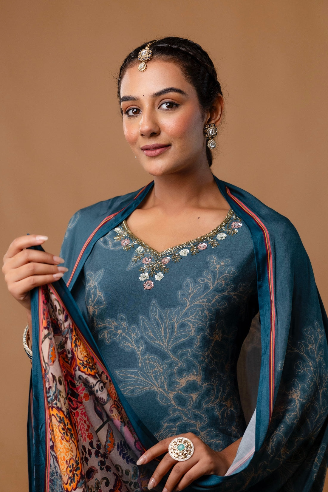 Teal Pearl and Sequin Work Viscose Festive Kurta Set with Trousers and Dupatta