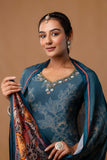 Teal Pearl and Sequin Work Viscose Festive Kurta Set with Trousers and Dupatta