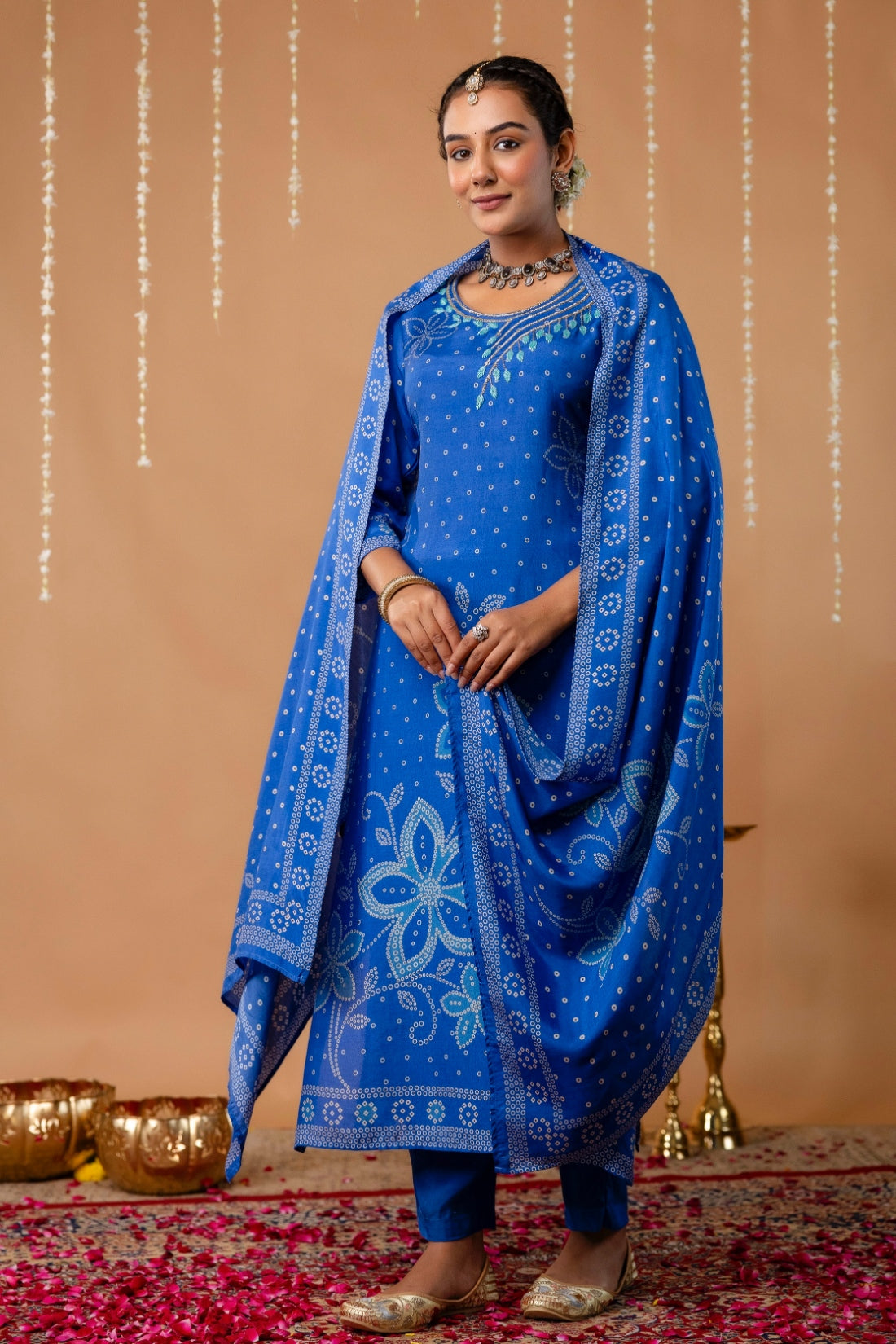 Blue Beads Work Festive Viscose Kurta Set with Trousers and Dupatta