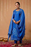 Blue Beads Work Festive Viscose Kurta Set with Trousers and Dupatta