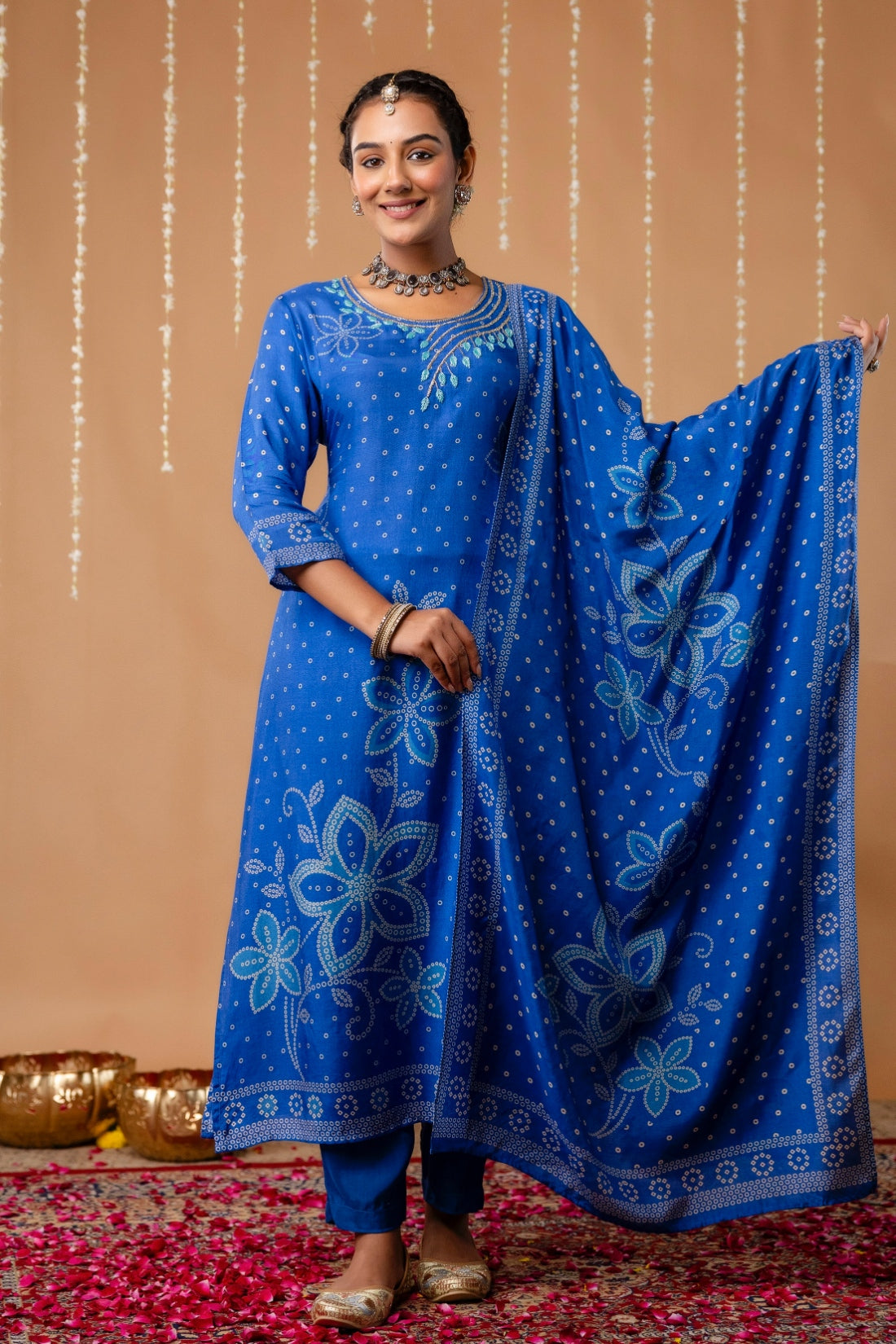 Blue Beads Work Festive Viscose Kurta Set with Trousers and Dupatta
