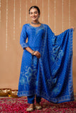 Blue Beads Work Festive Viscose Kurta Set with Trousers and Dupatta