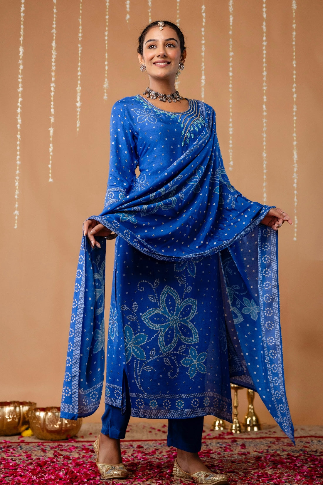 Blue Beads Work Festive Viscose Kurta Set with Trousers and Dupatta