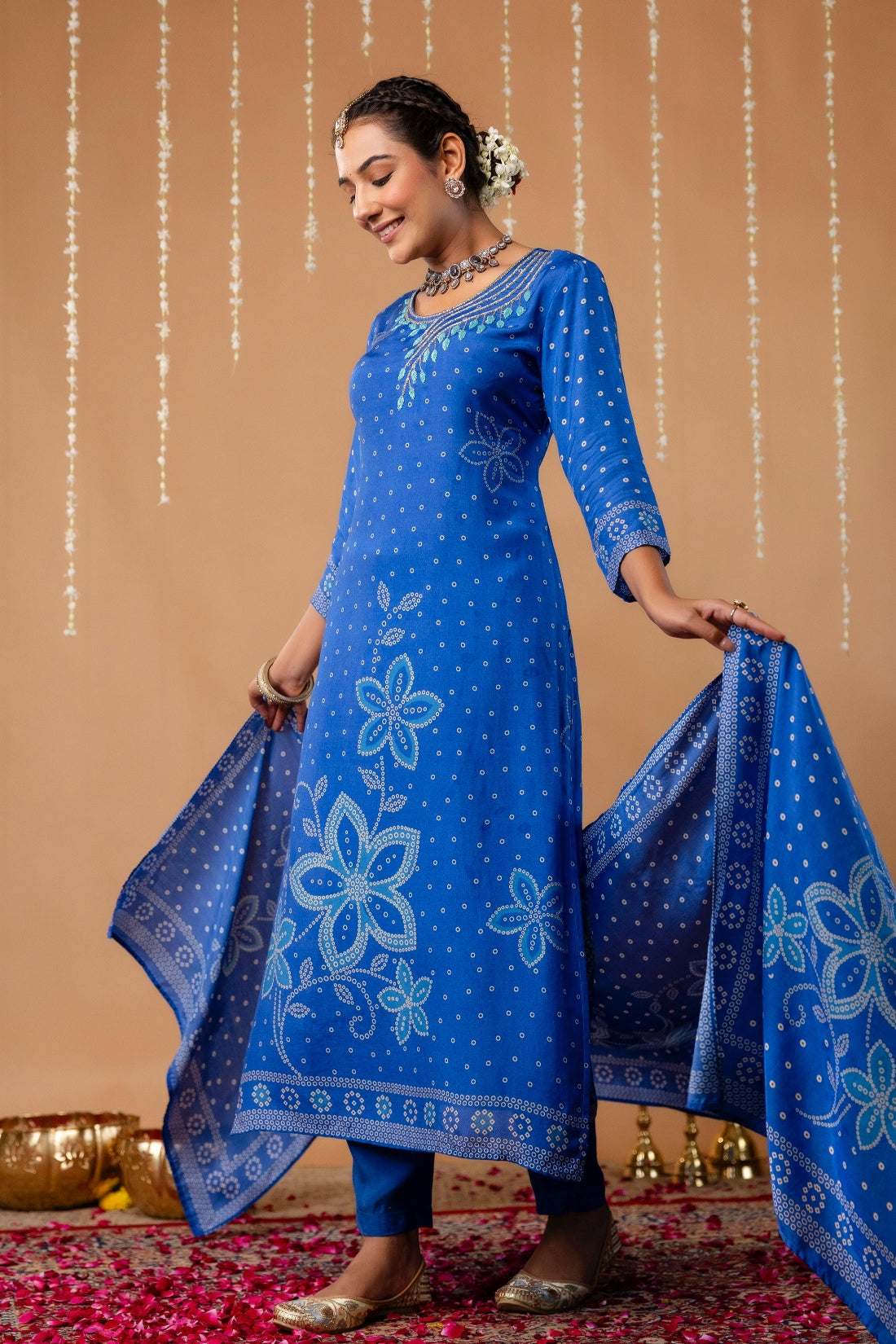 Blue Beads Work Festive Viscose Kurta Set with Trousers and Dupatta