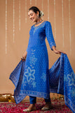 Blue Beads Work Festive Viscose Kurta Set with Trousers and Dupatta