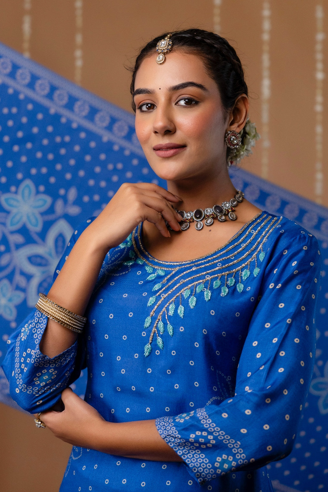Blue Beads Work Festive Viscose Kurta Set with Trousers and Dupatta