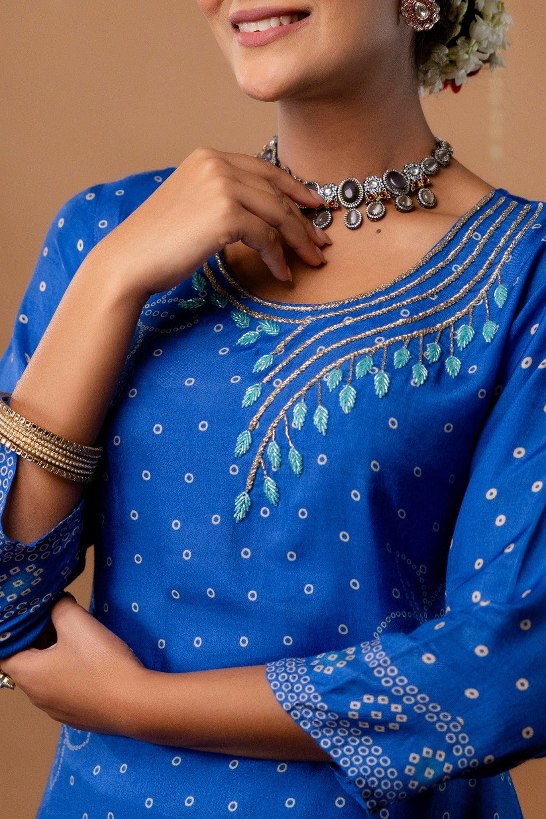 Blue Beads Work Festive Viscose Kurta Set with Trousers and Dupatta