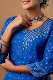 Blue Beads Work Festive Viscose Kurta Set with Trousers and Dupatta