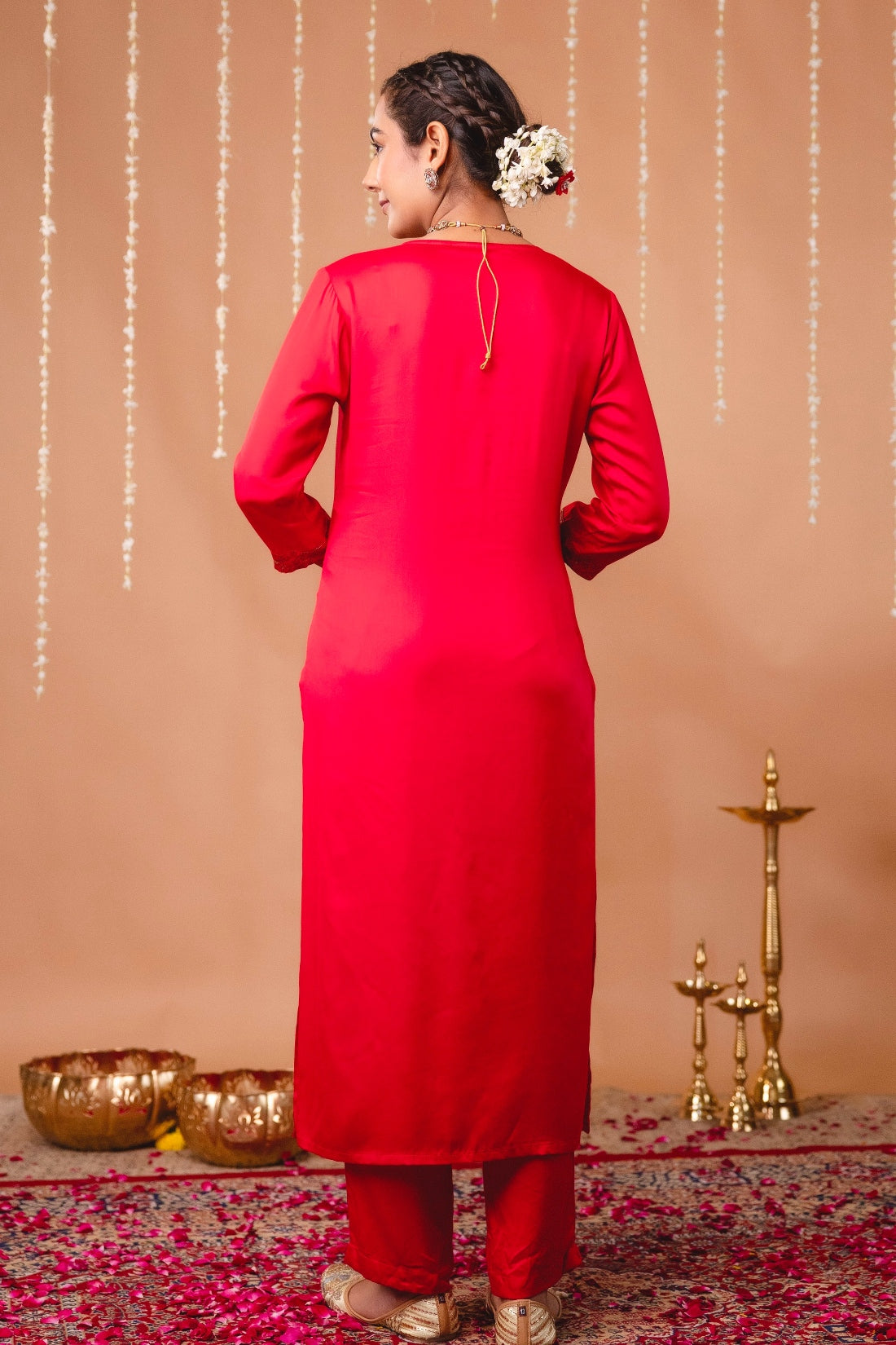 Red Hand Embroidered Gaji Silk Kurta Set with Patola Dupatta and Trousers