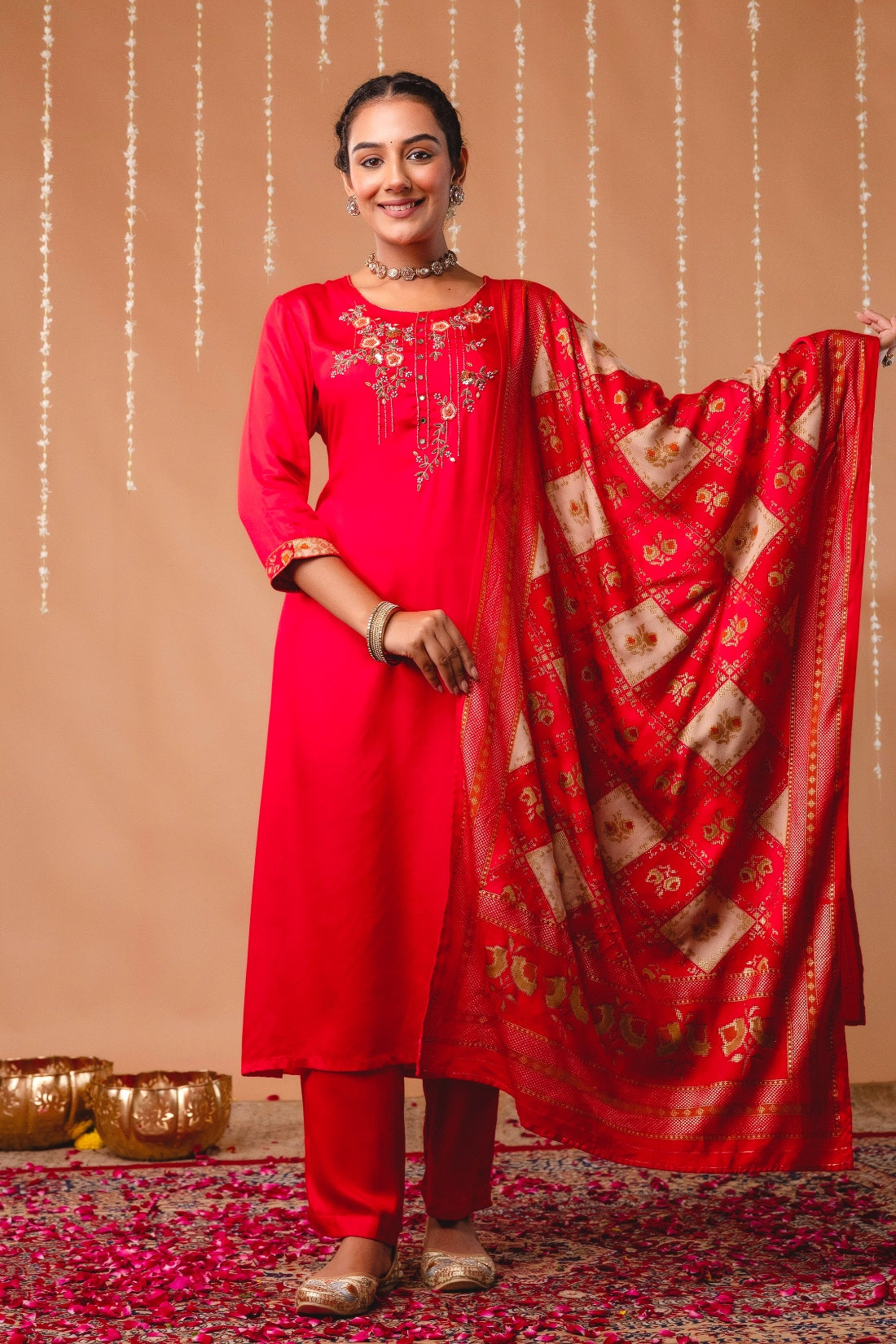 Red Hand Embroidered Gaji Silk Kurta Set with Patola Dupatta and Trousers