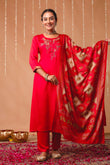 Red Hand Embroidered Gaji Silk Kurta Set with Patola Dupatta and Trousers