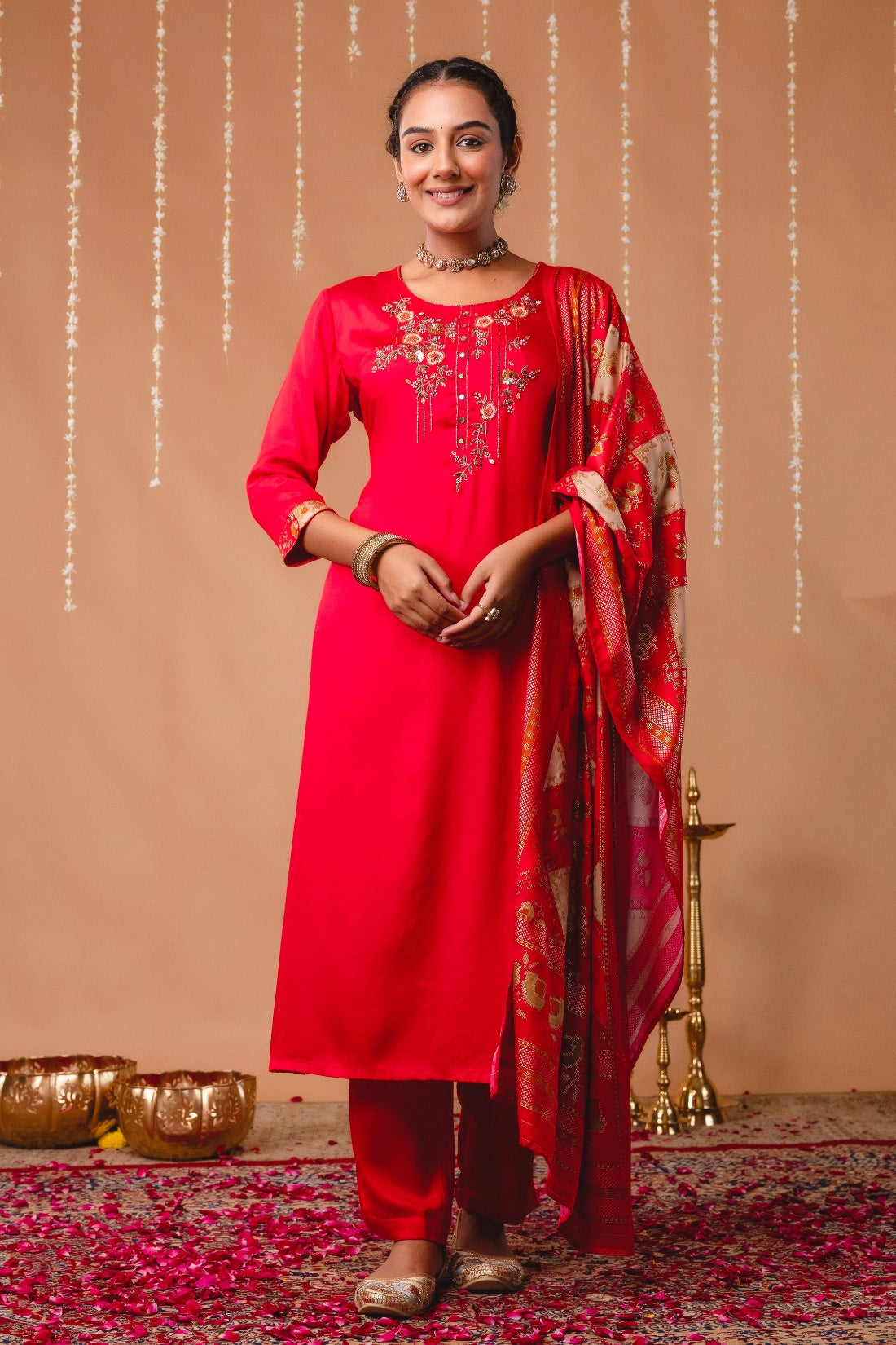 Red Hand Embroidered Gaji Silk Kurta Set with Patola Dupatta and Trousers