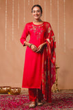 Red Hand Embroidered Gaji Silk Kurta Set with Patola Dupatta and Trousers