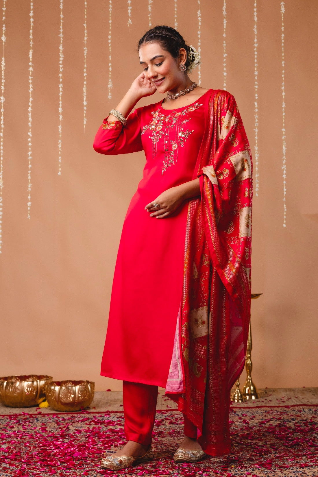 Red Hand Embroidered Gaji Silk Kurta Set with Patola Dupatta and Trousers
