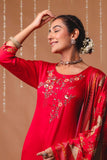 Red Hand Embroidered Gaji Silk Kurta Set with Patola Dupatta and Trousers