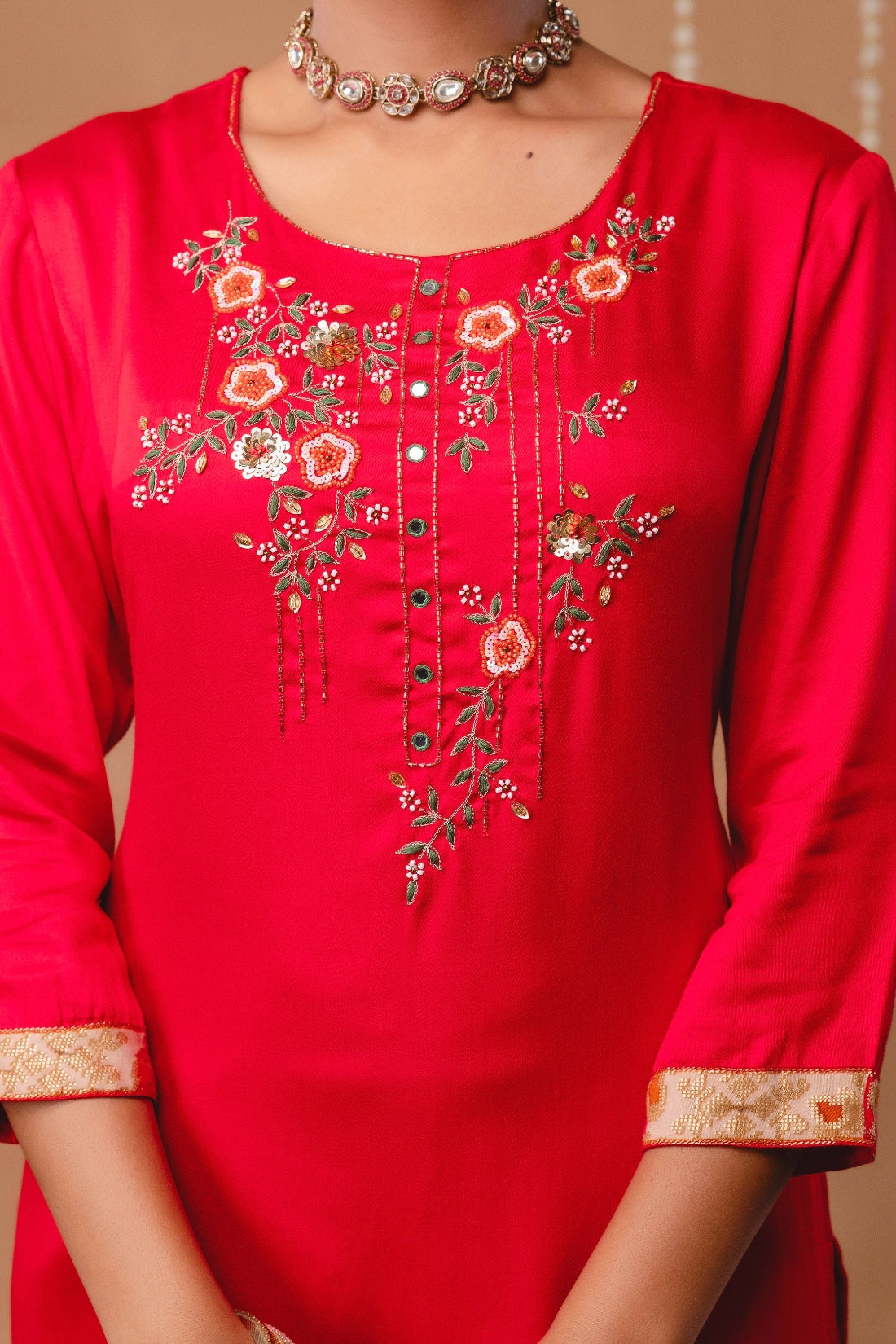 Red Hand Embroidered Gaji Silk Kurta Set with Patola Dupatta and Trousers
