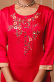 Red Hand Embroidered Gaji Silk Kurta Set with Patola Dupatta and Trousers