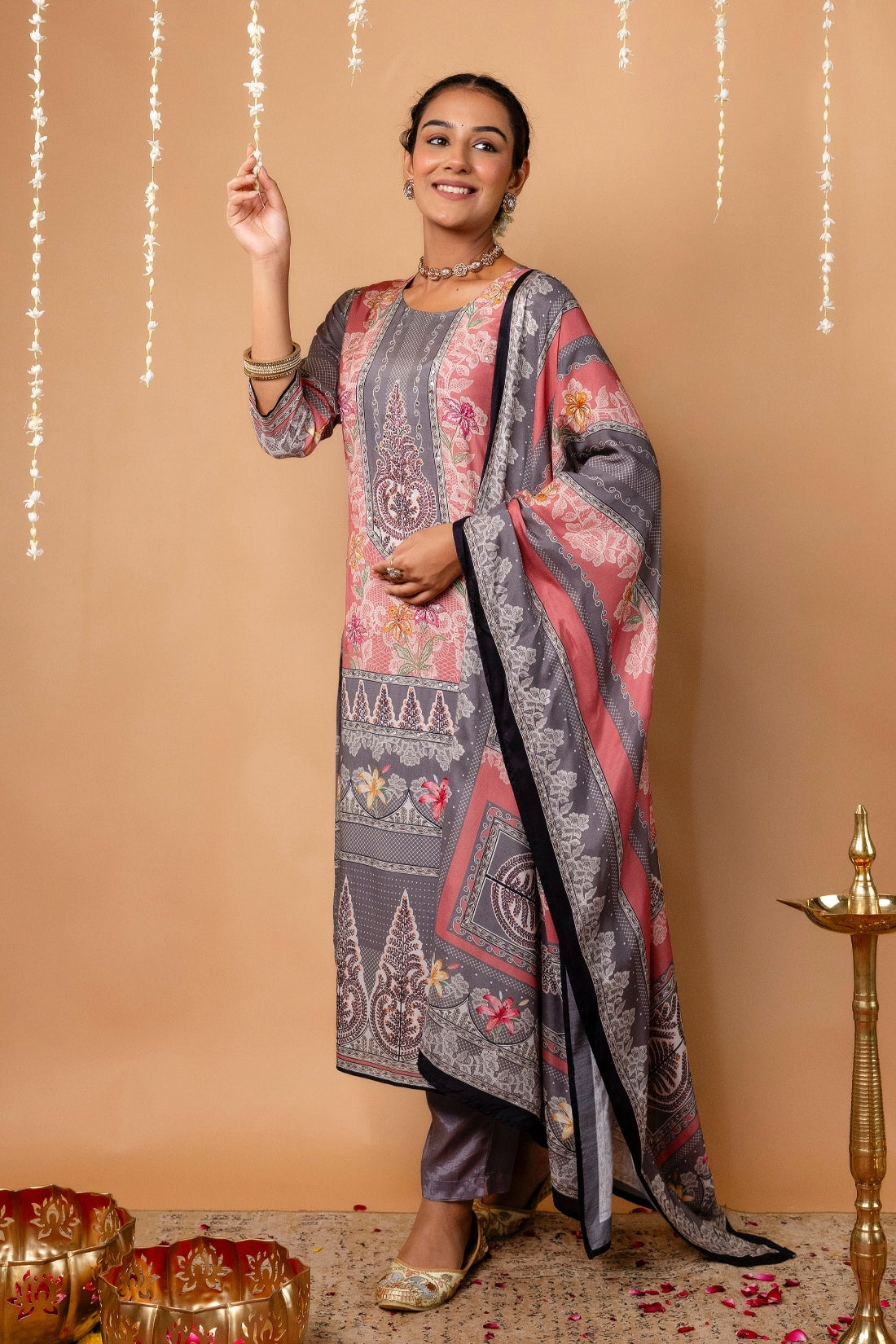 Pink & Grey Mirrorwork Viscose Festive Kurta Set with Trousers and Dupatta