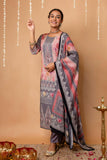 Pink & Grey Mirrorwork Viscose Festive Kurta Set with Trousers and Dupatta