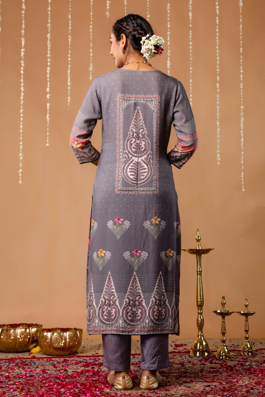 Pink & Grey Mirrorwork Viscose Festive Kurta Set with Trousers and Dupatta