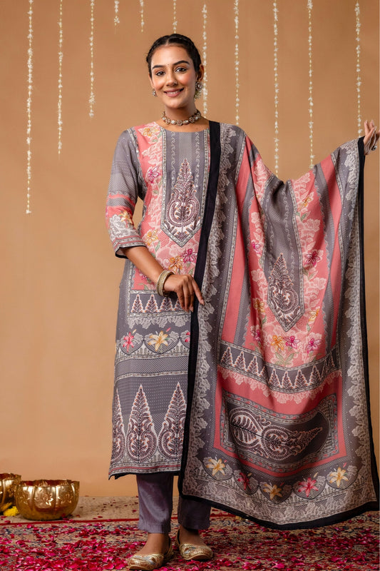 Pink & Grey Mirrorwork Viscose Festive Kurta Set with Trousers and Dupatta