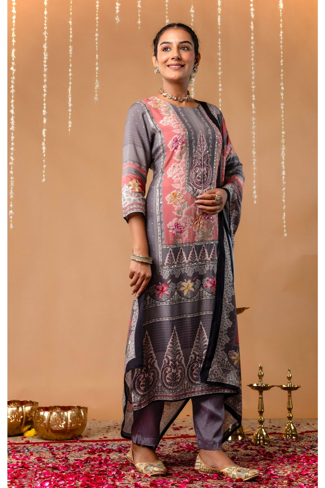 Pink & Grey Mirrorwork Viscose Festive Kurta Set with Trousers and Dupatta
