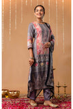 Pink & Grey Mirrorwork Viscose Festive Kurta Set with Trousers and Dupatta