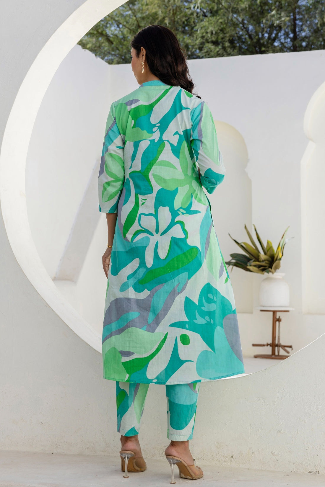 Green Abstract Print A-line Cotton Kurta Set with Trousers