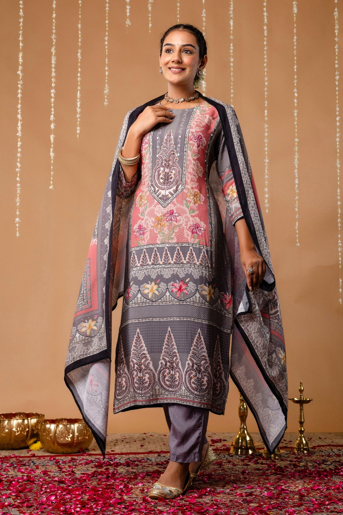 Pink & Grey Mirrorwork Viscose Festive Kurta Set with Trousers and Dupatta