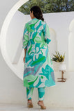 Green Abstract Print A-line Cotton Kurta Set with Trousers