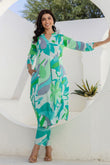 Green Abstract Print A-line Cotton Kurta Set with Trousers