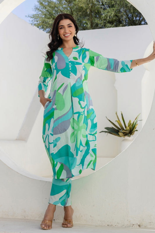 Green Abstract Print A-line Cotton Kurta Set with Trousers