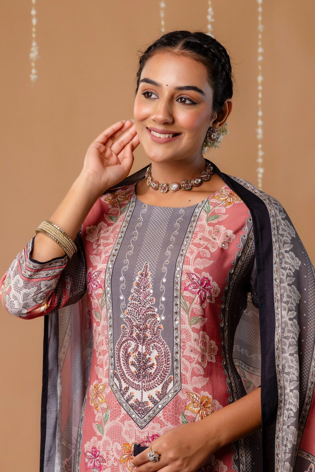 Pink & Grey Mirrorwork Viscose Festive Kurta Set with Trousers and Dupatta