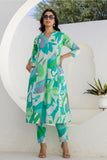 Green Abstract Print A-line Cotton Kurta Set with Trousers