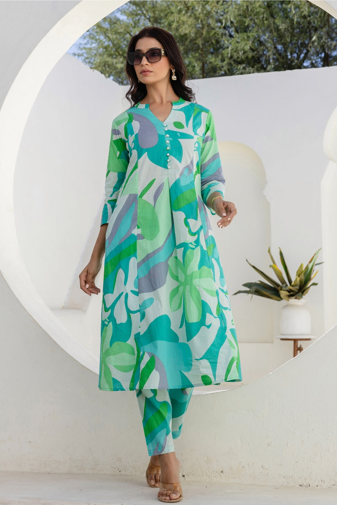 Green Abstract Print A-line Cotton Kurta Set with Trousers
