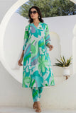 Green Abstract Print A-line Cotton Kurta Set with Trousers
