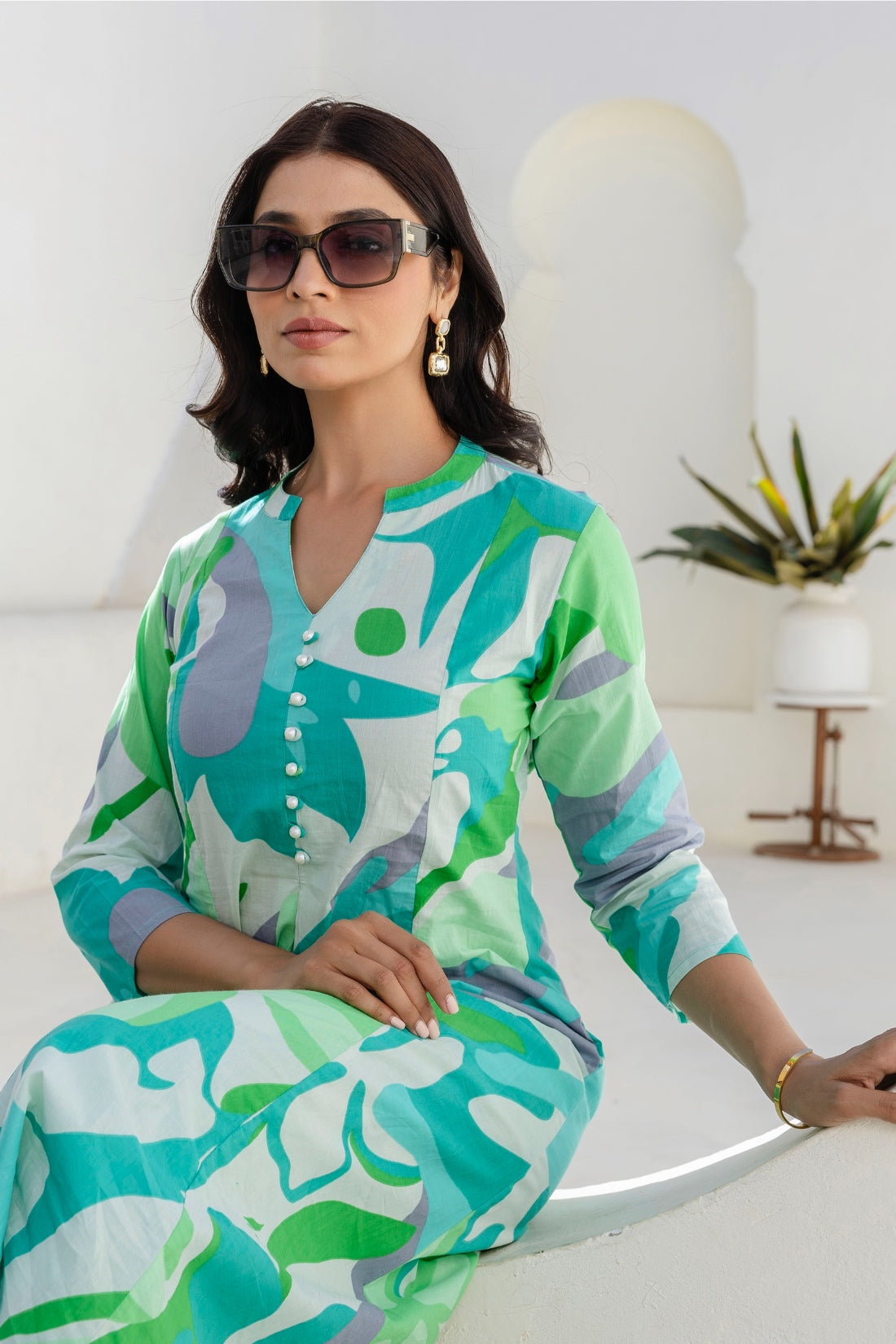 Green Abstract Print A-line Cotton Kurta Set with Trousers