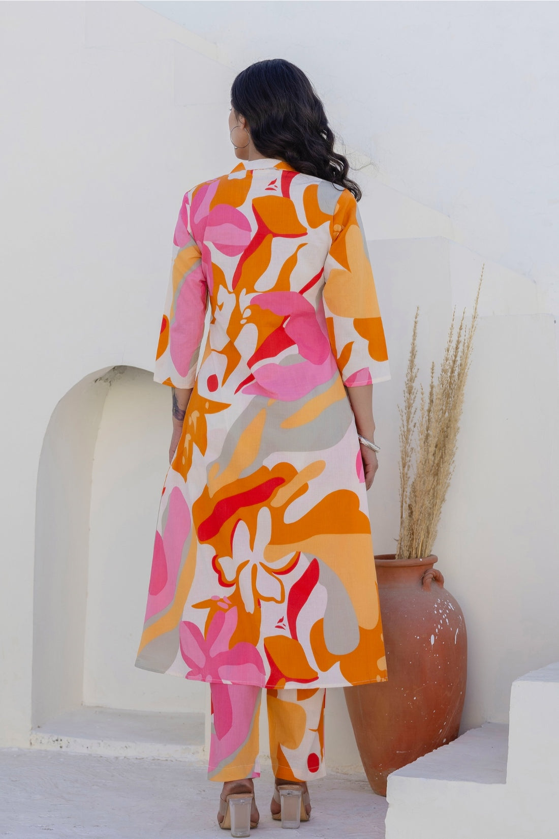Orange Abstract Print A-line Cotton Kurta Set with Trousers
