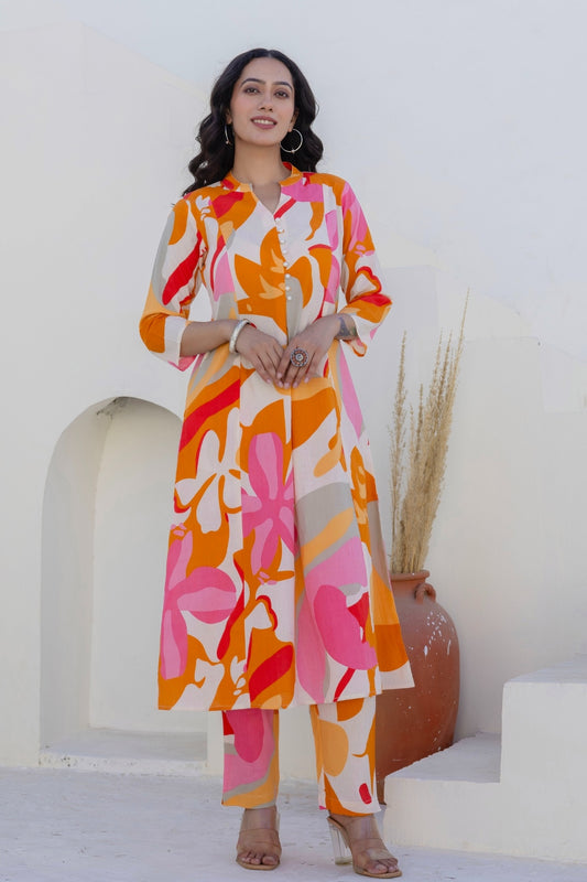 Orange Abstract Print A-line Cotton Kurta Set with Trousers