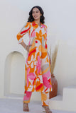 Orange Abstract Print A-line Cotton Kurta Set with Trousers