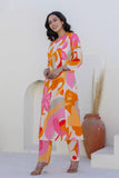 Orange Abstract Print A-line Cotton Kurta Set with Trousers