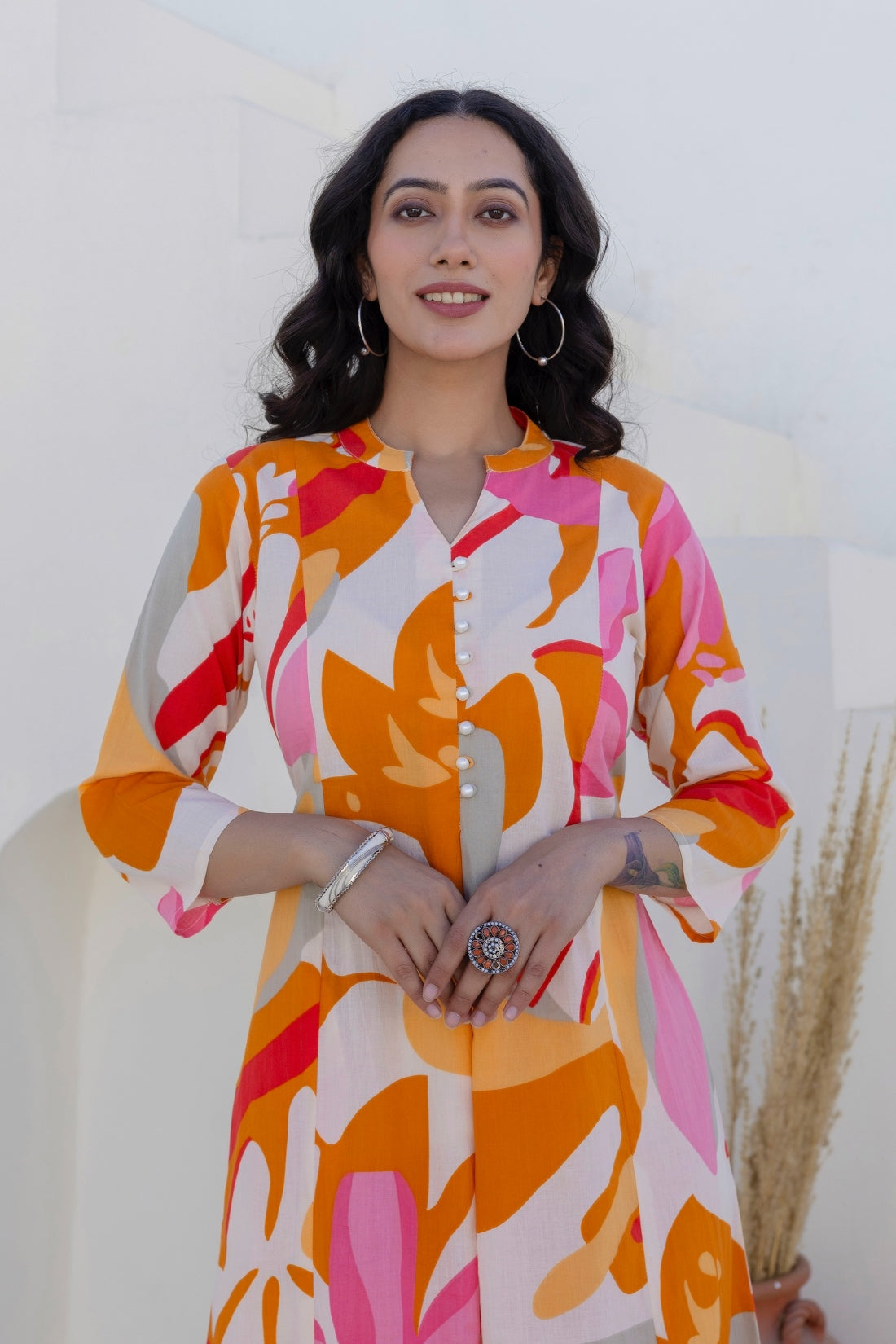 Orange Abstract Print A-line Cotton Kurta Set with Trousers