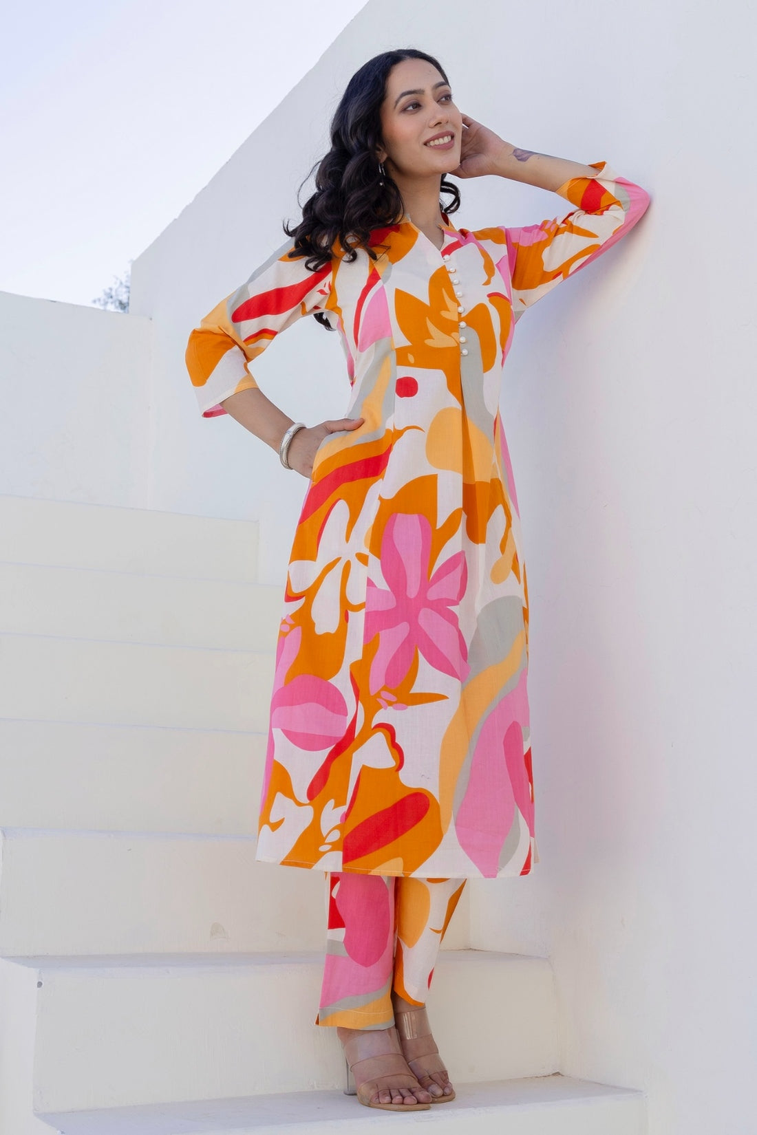Orange Abstract Print A-line Cotton Kurta Set with Trousers