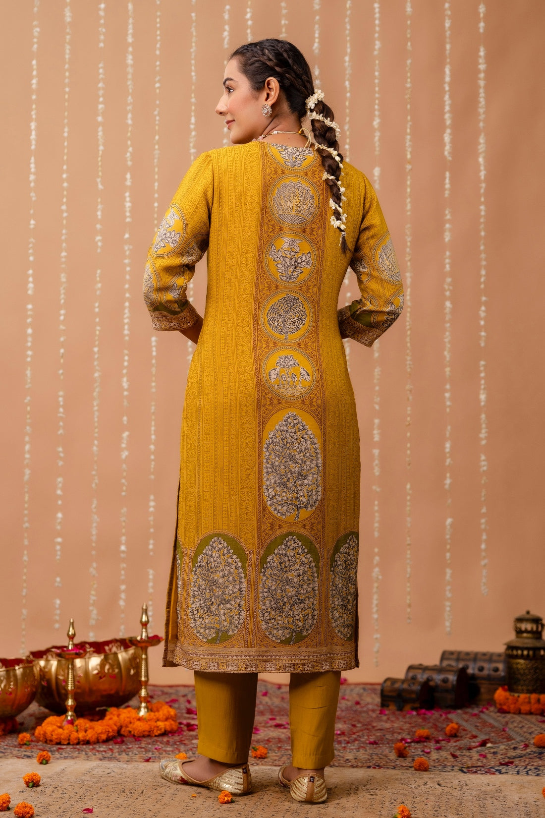 Yellow and Green Tissue Silk Lined Festive Kurta Set with Trousers and Dupatta