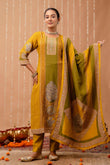 Yellow and Green Tissue Silk Lined Festive Kurta Set with Trousers and Dupatta