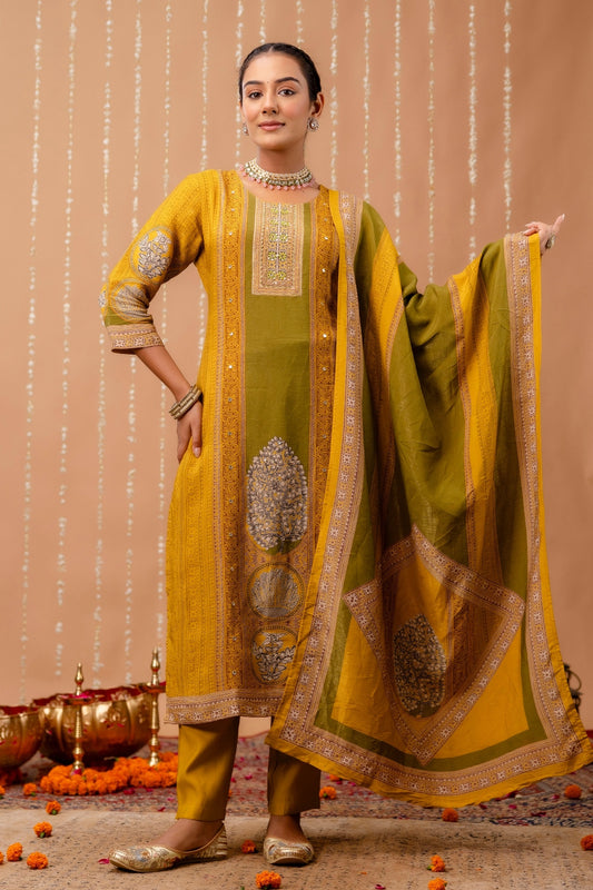 Yellow and Green Tissue Silk Lined Festive Kurta Set with Trousers and Dupatta