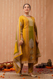 Yellow and Green Tissue Silk Lined Festive Kurta Set with Trousers and Dupatta