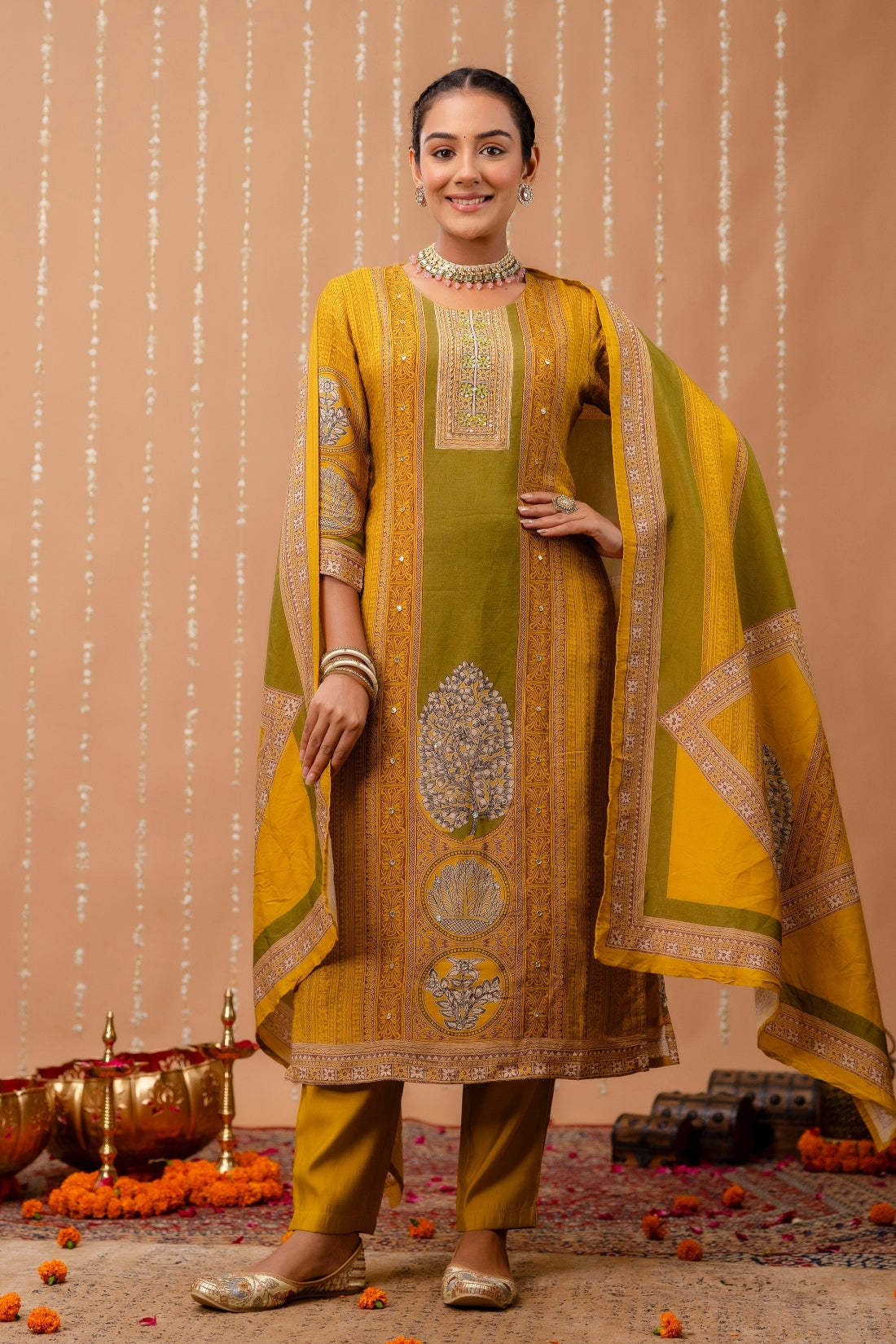 Yellow and Green Tissue Silk Lined Festive Kurta Set with Trousers and Dupatta